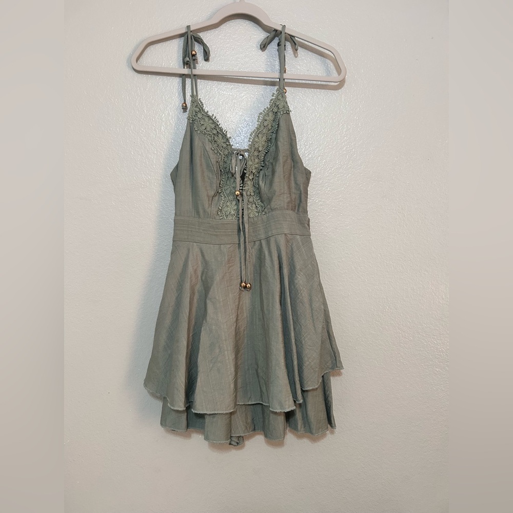 Simple Lace-Trimmed Gray Mini Dress
